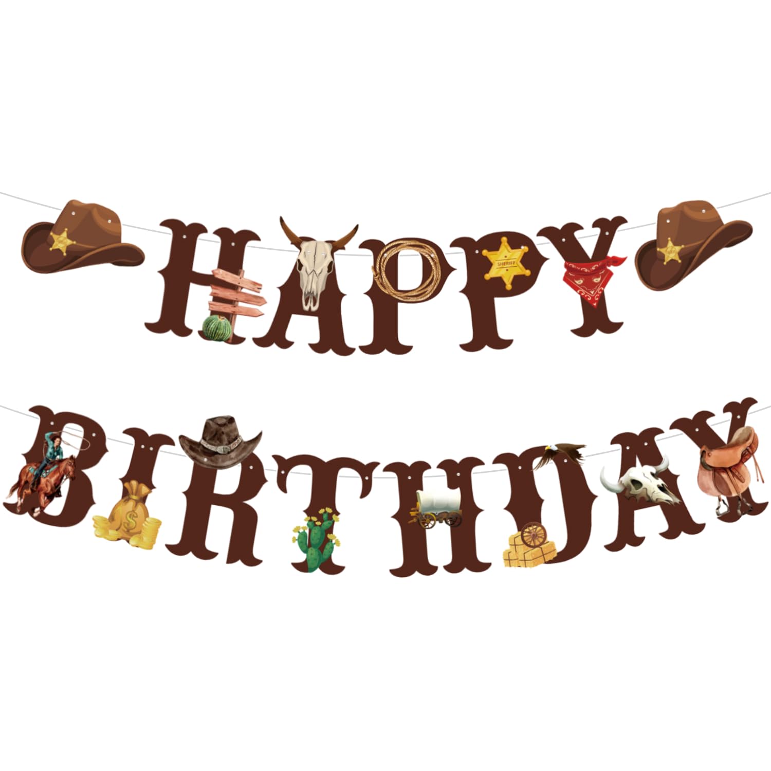 Western Cowboy Theme Wild West Party Decoration,Pre-Strung Happy Birthday Banner,Retro Horse Rodeo
