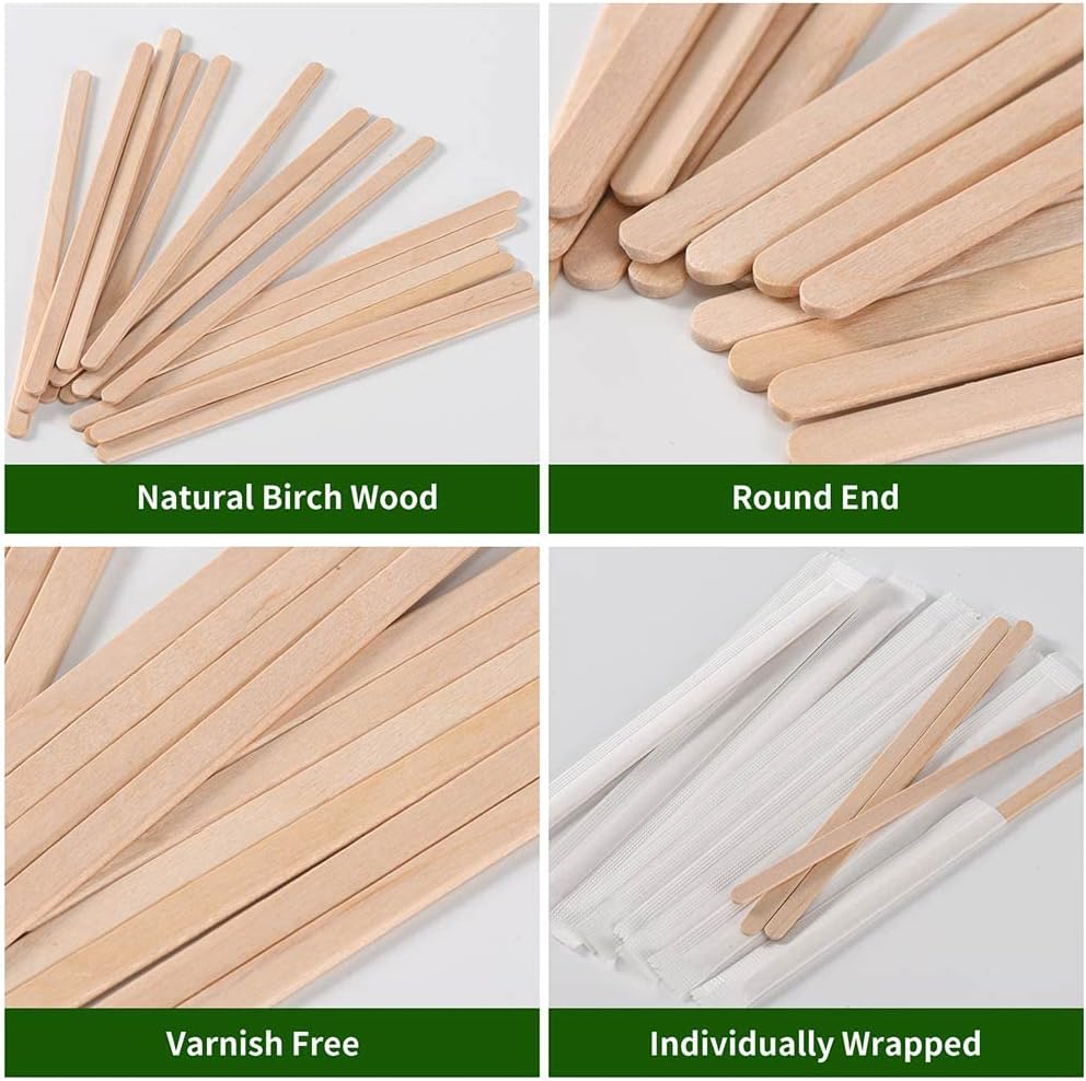 200pcs Individually Wrapped Coffee Stirrers Wood - 5.5" Coffee Stir Sticks, Round End Disposable coffee stirrer, For Coffee, Cocktail and Hot Drinks