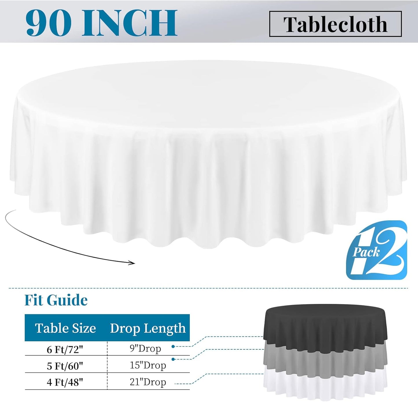 fani 12 Pack 90 Inch Round Tablecloth, White Polyester Tablecloth for Round Table,Washable Fabric Table Cover for Wedding Party Dining Buffet Banquet Restaurant and Camping