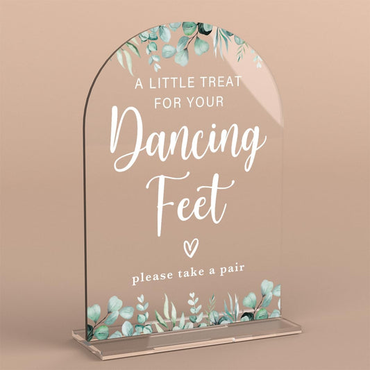 Acrylic Wedding Sign A Little Treat for Your Dancing Feet Signs for Ceremony Modern Calligraphy Arch Acrylic Table Top Signs for Wedding Reception and Event Party Table Decor (Eucalyptus Leaves)