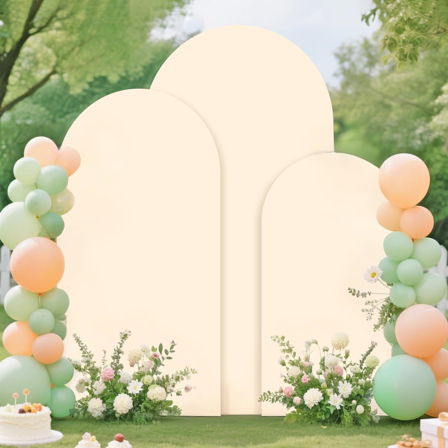Wedding Arch Backdrop Stand and Beige Arch Cover Set of 3 (7.2FT, 6.6FT, 6FT) Metal Arch Stand Balloon Arched Frame Backdrop with Spandex Arch Stand Cover for Birthday Party Baby Shower Graduation