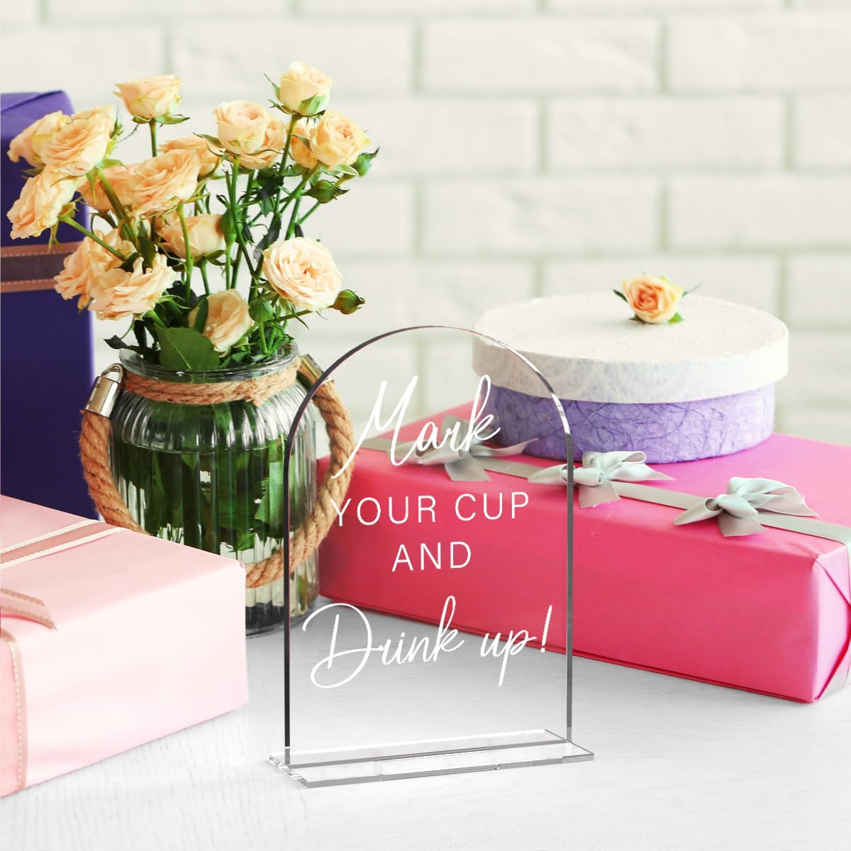 Acrylic Wedding Sign Wedding Signs for Ceremony Mark Your Cup and Drink Sign for Wedding, Modern Calligraphy Arch Acrylic Table Top Sign for Wedding Reception and Event Party Table