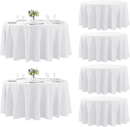 Fokitut 6 Pack Round Tablecloth, 132 Inch, Stain Resistant and Wrinkle Polyester Table Cloth, Fabric Table Cover for Kitchen Dining, Wedding, Party, Holiday Dinner-White