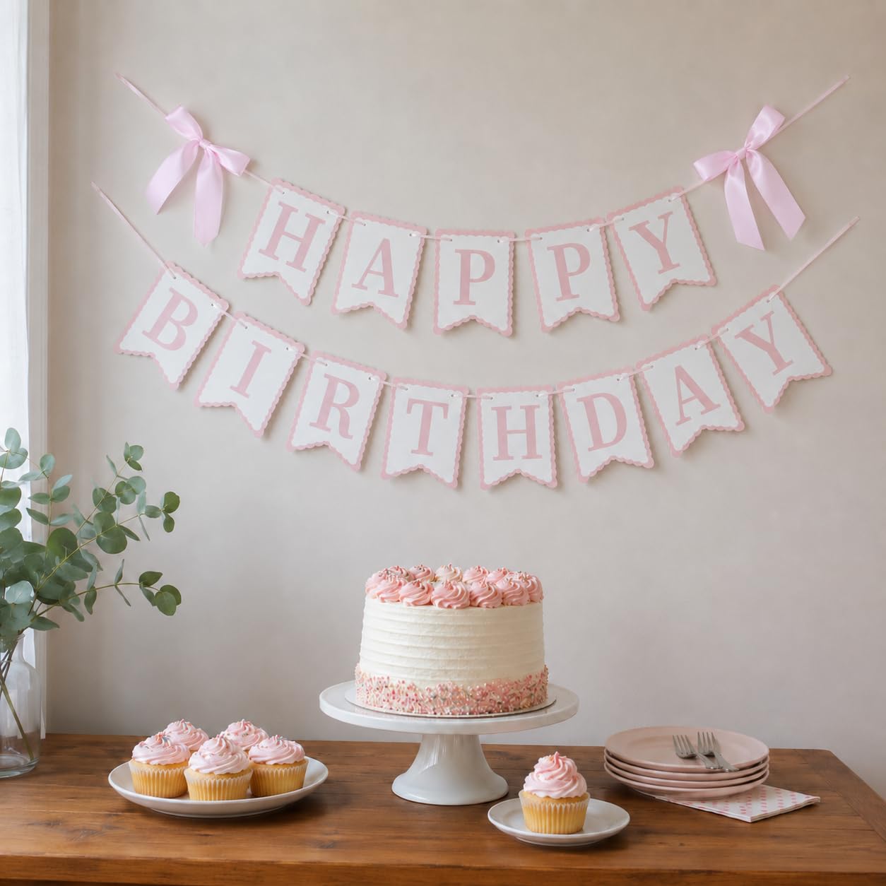 Pink Happy Birthday Banner with Satin Bows, Coquette Bow Birthday Decor