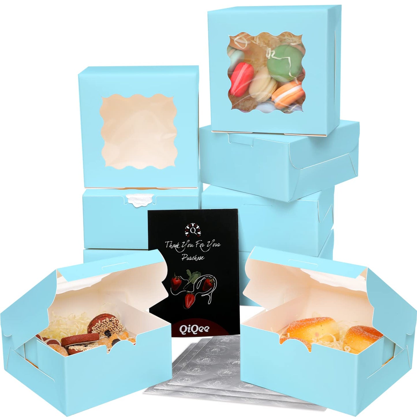 Bakepacker 60pcs Light Blue Bakery Boxes with Window 6x6x3 inches Thick & Sturdy Macaroon Pastry & Cookie Boxes