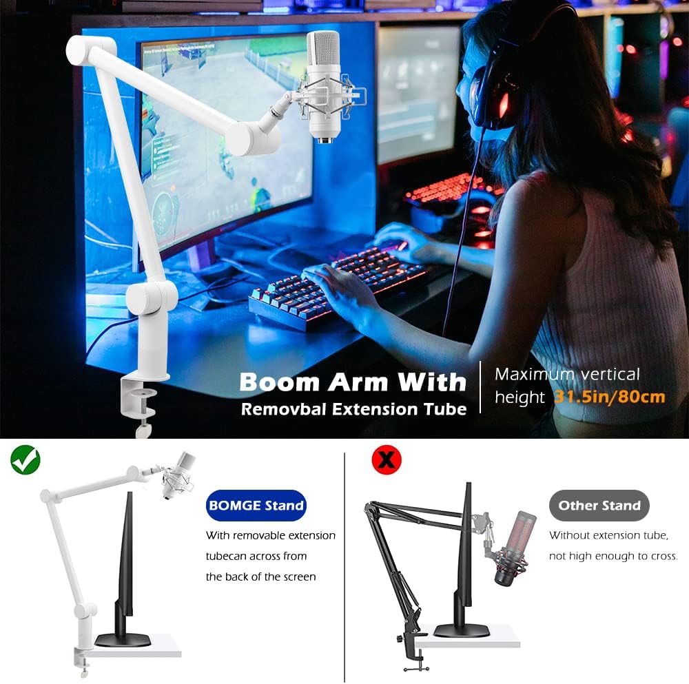 BOMGE Boom Arm Mic Stand - Adjustable Heavy Duty Suspension Boom Scissor Arm Stand with Cable Management Channels, Desk Clamp for Podcasts, Streaming, Gaming, Home Office, Recording (White)