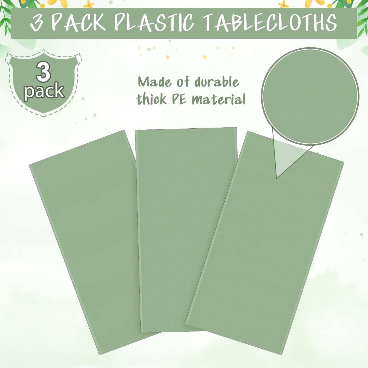 3Pack Sage Green Plastic Tablecloths for Rectangle Tables, Light Green Disposable Tablecloth