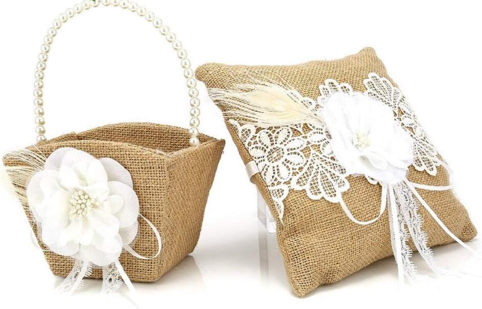 The Crafty Owl 2 Heart Rhinestones Ivory/White/Blue, Red, Purple, Black Trimming Satin Large Wedding Ring Bearer Pillow and Basket Set (Burlap with Lace and Feathers)