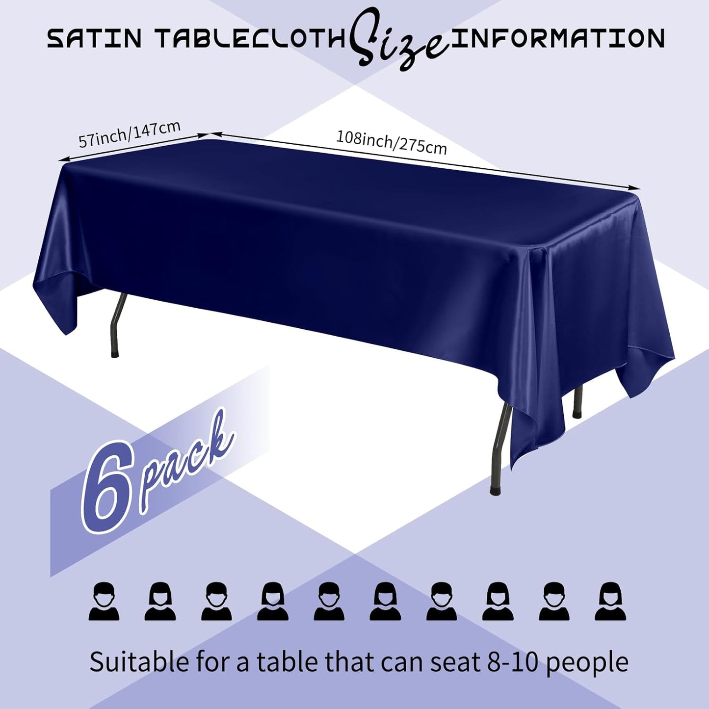 6 Packs Satin Tablecloth 57 x 108 Inch Navy Blue Rectangular Table Cloth Silk Tablecloth Smooth Fabric Overlay Satin Table Cover Decoration for Wedding Party Banquet Events