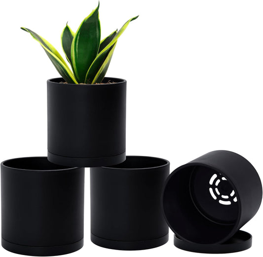D'vine Dev 4 Pack 4.5 Inch Modern Plastic Plant Pots, Small Garden Planters for Plant with Drainage Holes and Saucers, Black Color, 74-Y-F-2