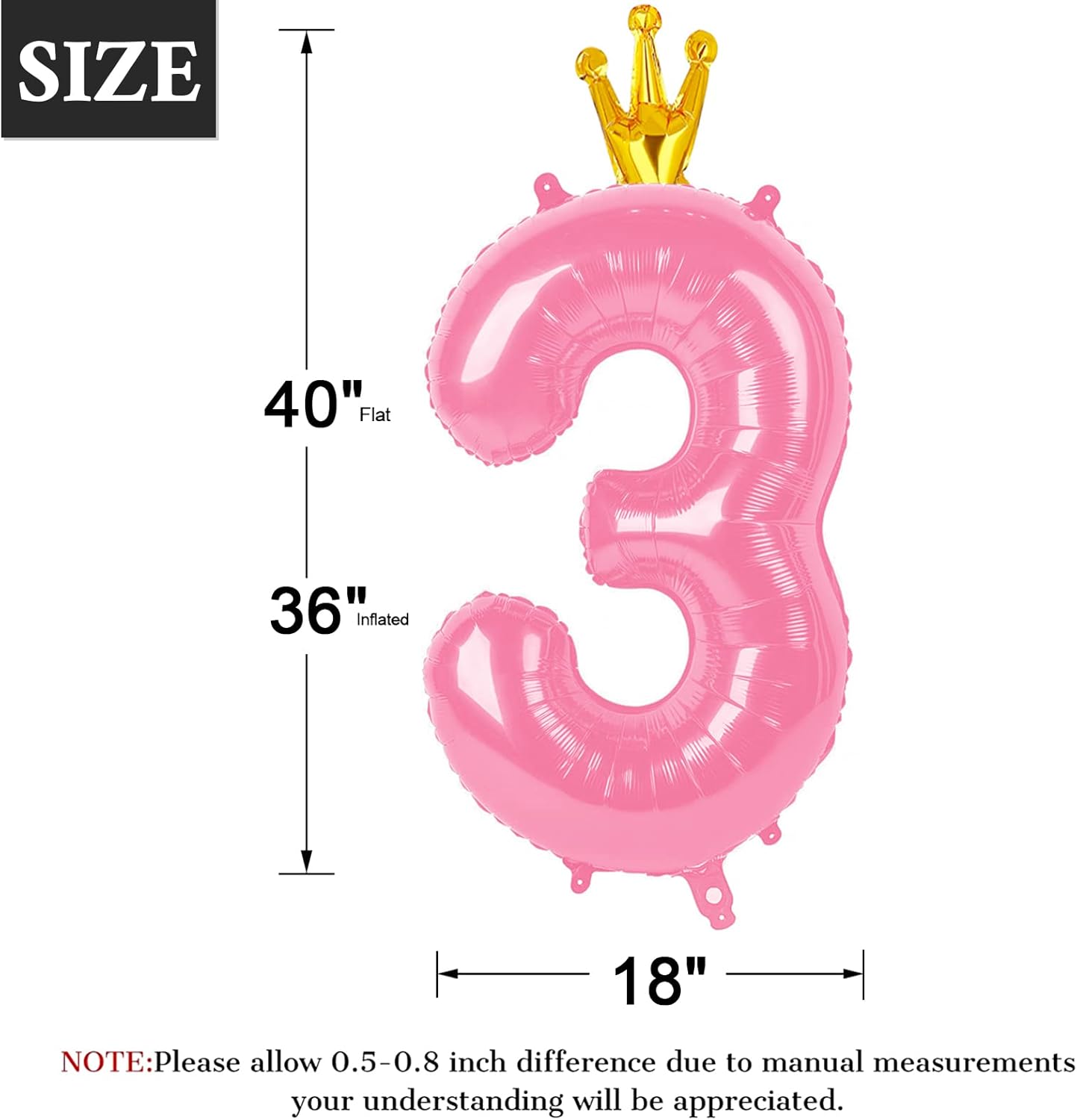 Large 40 Inch Pink Crown 3 Number Balloon, 3 13 23 30 33 36 38 Pink Crown Birthday Party Decorations, Numbers Three Foil Balloons for Anniversary Party Graduations Celebration Supplies