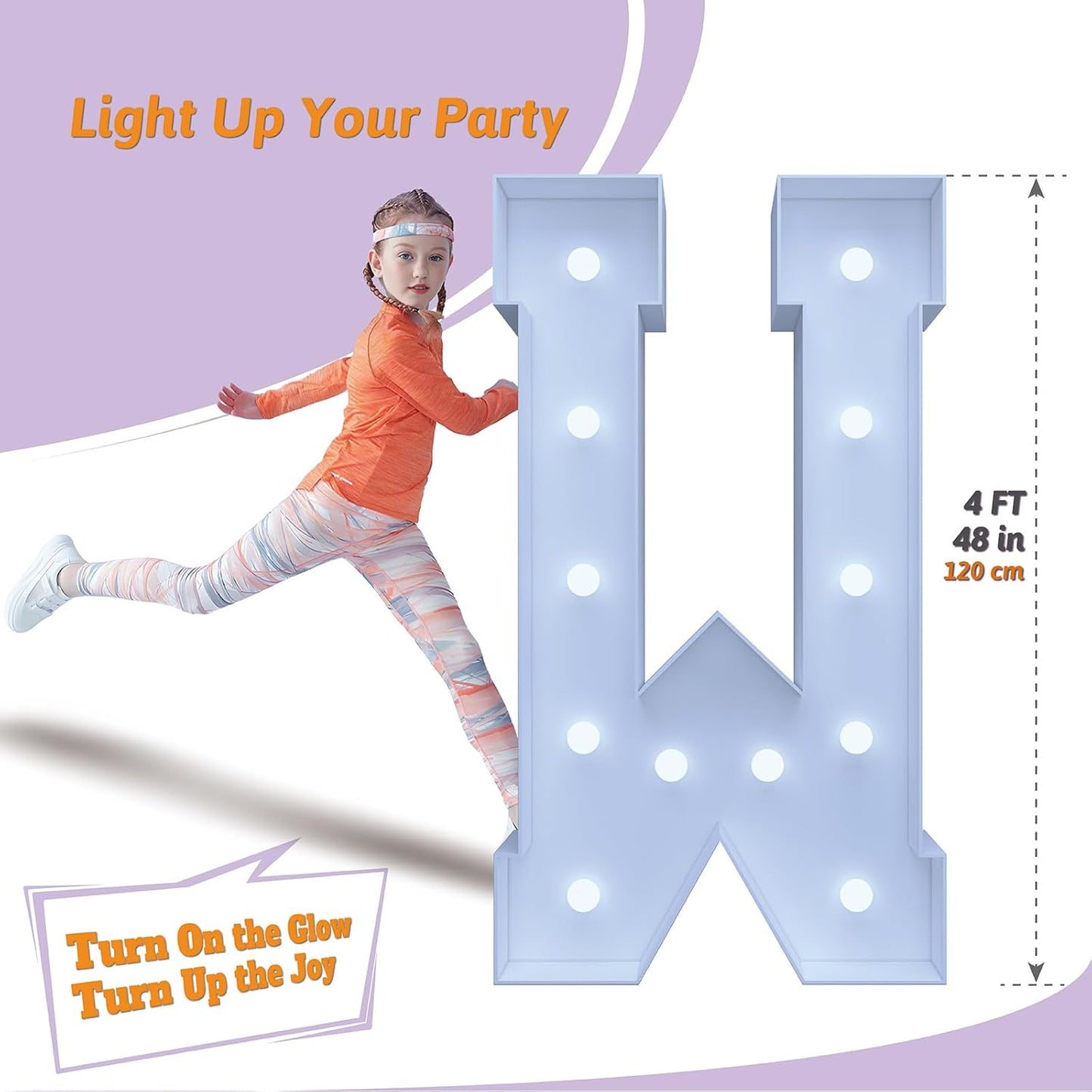 4FT Marquee Light Up Letters W – Cool White LED, Easy to Assemble Foam Board with Back Support, Large Marquee Light Up Letters for Birthday, Wedding, Party, Anniversary, Baby Shower Decor