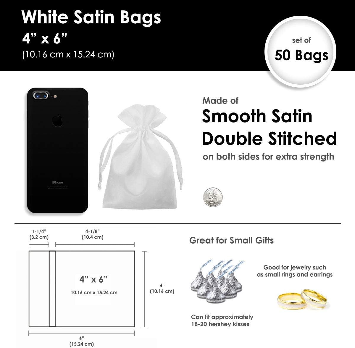 4" x 6" White Satin Gift Bags, Jewelry Bags, Wedding Favor Drawstring Bags Baby Shower Christmas Gift Bags 50 per Pack