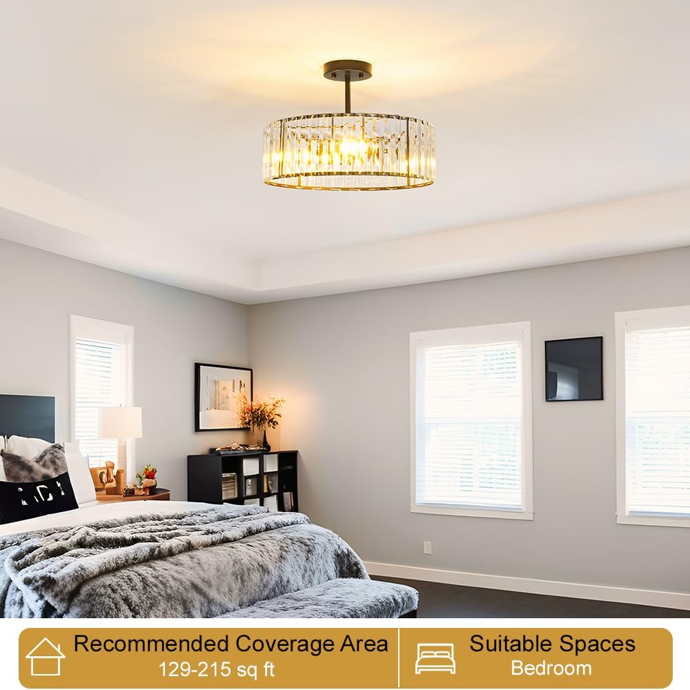 Modern Crystal Ceiling Light Fixture, Semi Flush Mount Ceiling Light, Matte Black Hallway Lighting Fixtures Chandelier, Crystal Chandelier for Kitchen Bedroom Dining Room Closet, 5-Light, 16 Inch