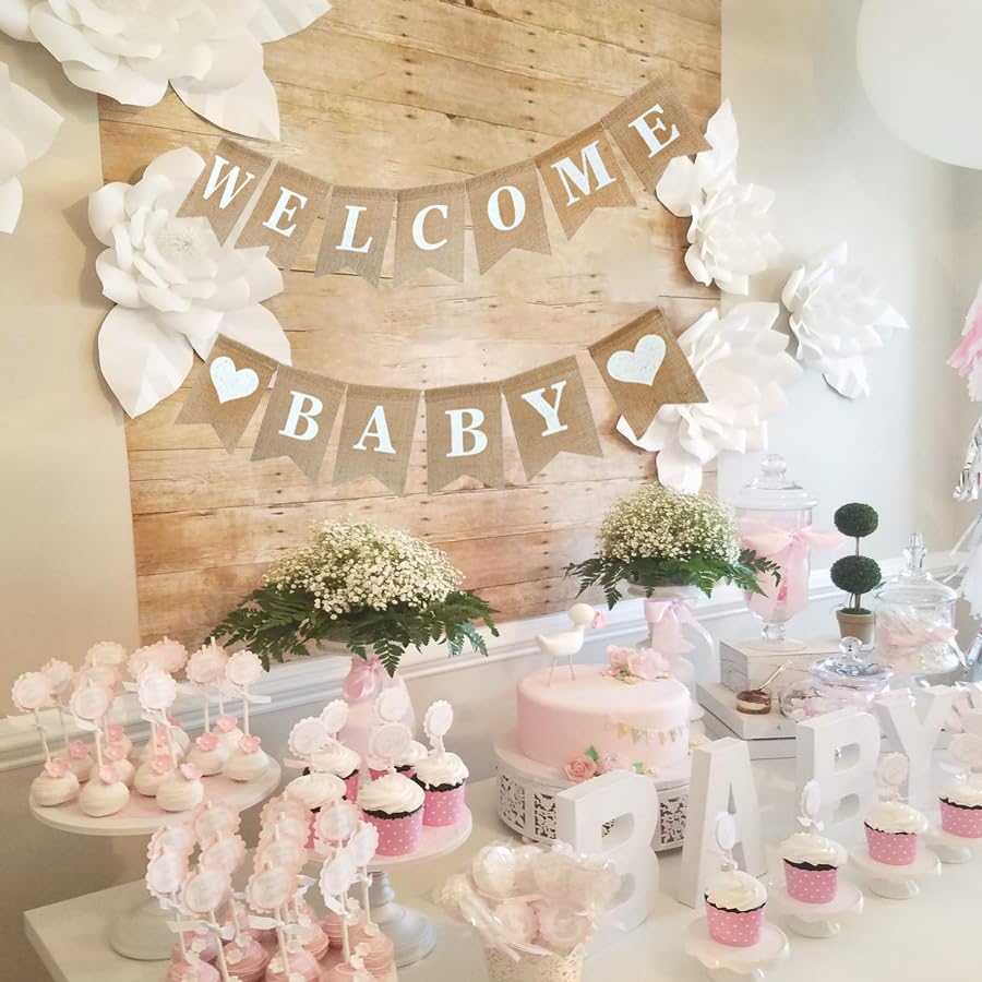 Baby Shower Banner, Welcome Baby Sign, Pre Strung Burlap Gender Reveal Banner for Boy and Girl