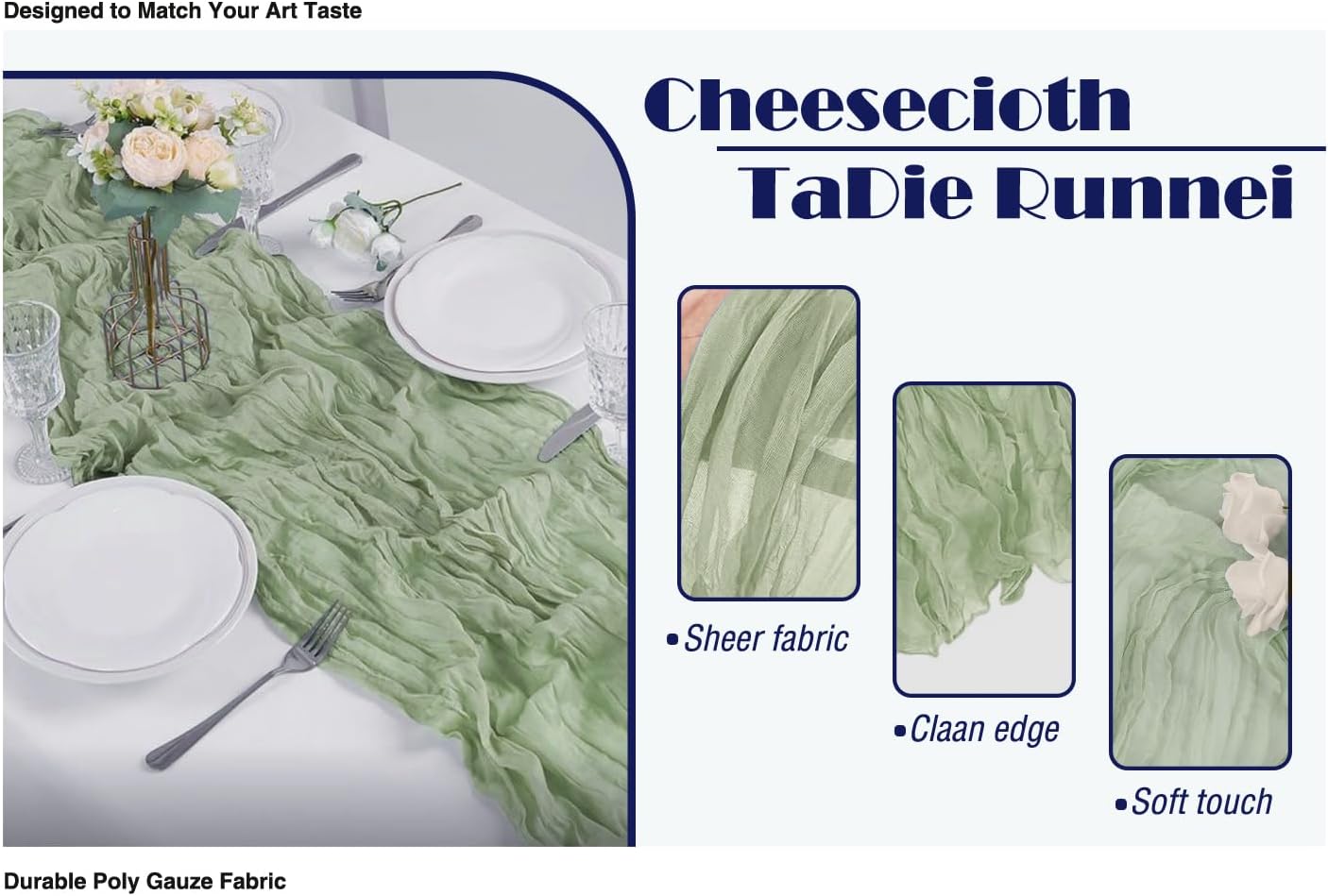 20 Pack Sage Green Cheesecloth Table Runner 17x108 Inch Boho Wrinkled Sheer Romantic Gauze Cheese Cloth Table Runner Bulk Decor for Wedding, Bridal Shower, Birthday Party