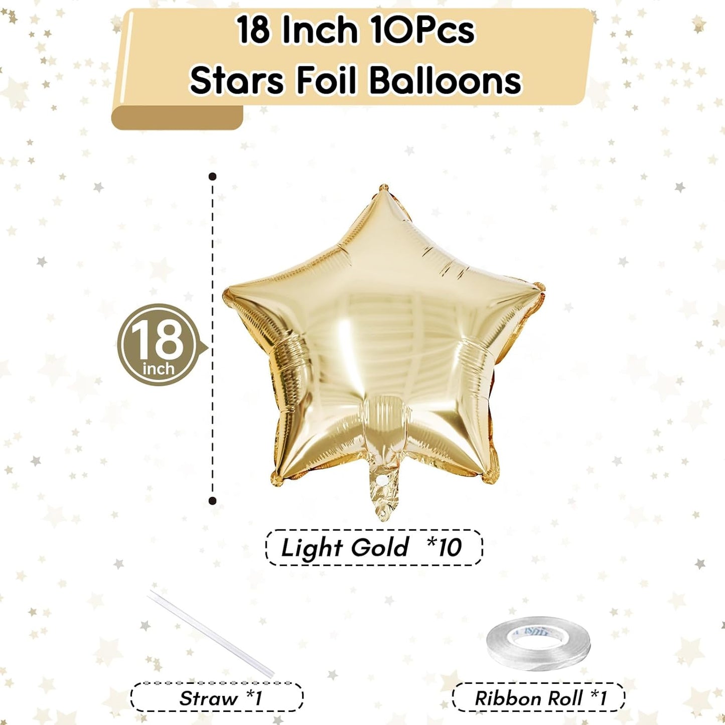 Gold Star Foil Balloons, 18 Inch Light Gold Stars Shape Foil Helium Balloons, 10 Pcs Large Light Yellow Pentagram Balloon Party Decorations for Birthday Wedding Baby Shower Graduation Supplies