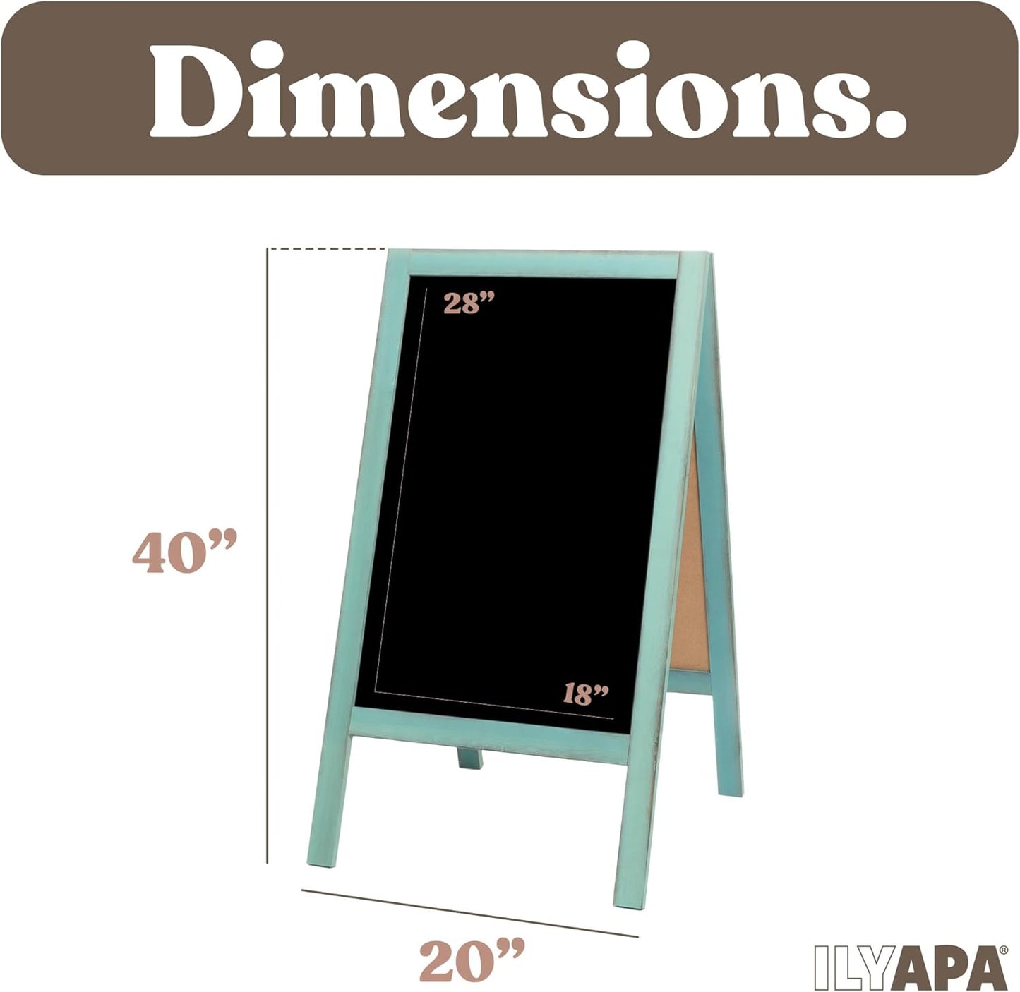 Ilyapa Wooden A-Frame Sign with Eraser & Chalk - 40 x 20 in Magnetic Sidewalk Chalkboard – Turquoise Menu Display for Restaurant, Business Or Wedding