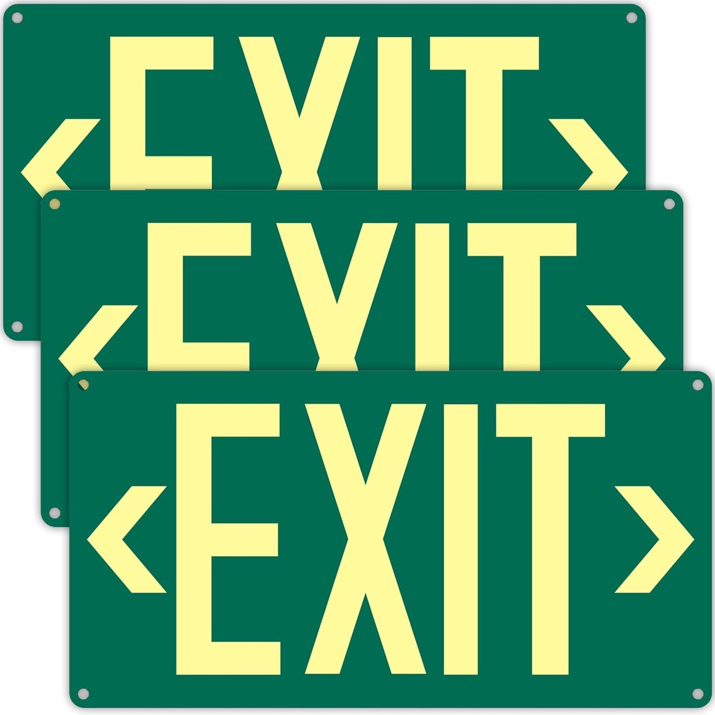 3Pack Photoluminescent Exit Sign Green - 14.25"x 7.5" Aluminum - Adhesive Backing- Includes 6pcs Removable Arrows - Glow In The Dark Exit Signs