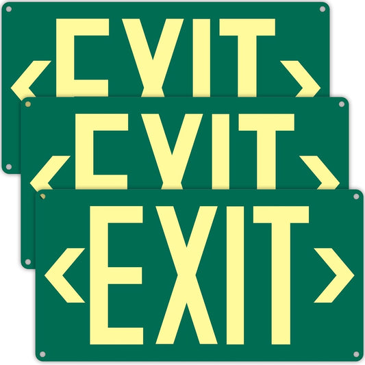 3Pack Photoluminescent Exit Sign Green - 14.25"x 7.5" Aluminum - Adhesive Backing- Includes 6pcs Removable Arrows - Glow In The Dark Exit Signs