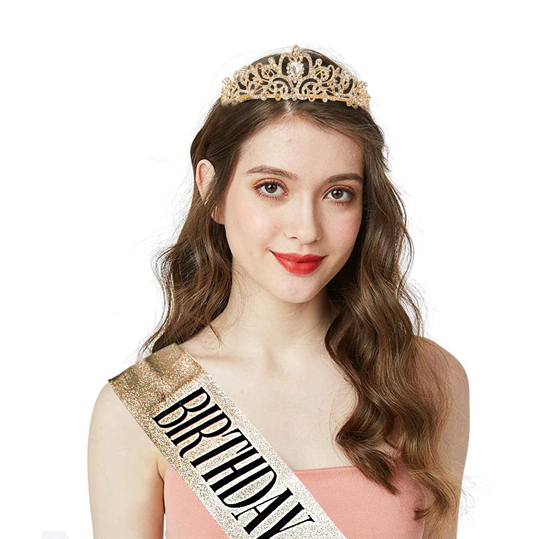 COCIDE Birthday Decorations for Women Sash and Tiara Crown for Party Gold