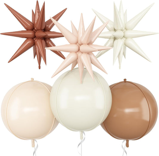 6Pcs Sand White Brown Foil Balloons,22Inch Cream Beige 4D Round Ball Balloon and Explosion Star Balloon for Birthday Wedding Baby Shower Anniversary Decorations