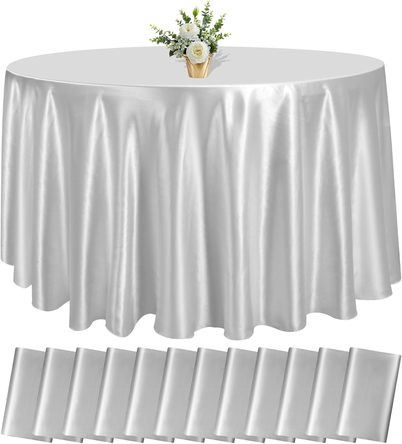 12 Pack 120 Inch Silver Satin Tablecloth - Premium Bright Silky Round Tablecloth Overlay Smooth Fabric Table Cover, Table Decoration for Wedding Party Banquet Events Restaurant Kitchen Dining