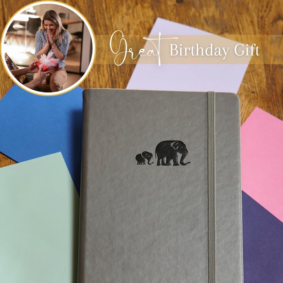 SETTINI Dotted Journal, Ideal for Bullet Journaling - A5 Vegan Leather Notebook, 192 Archival-Quality Pages, QuillEase Bleed-Free Paper, Inner Pocket & Bookmark - Elephant Gifts for Women & Men, Grey Elephants