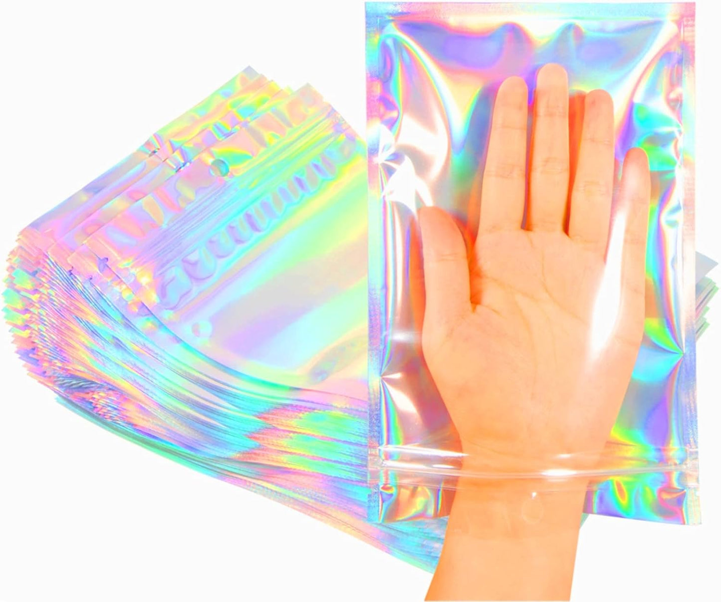 Smell Proof Bags & Resealable Foil Pouch Bag [100 PCS ] Great for Party Favor Food Storage (Holographic Color, 8 x 5.5 Inch)