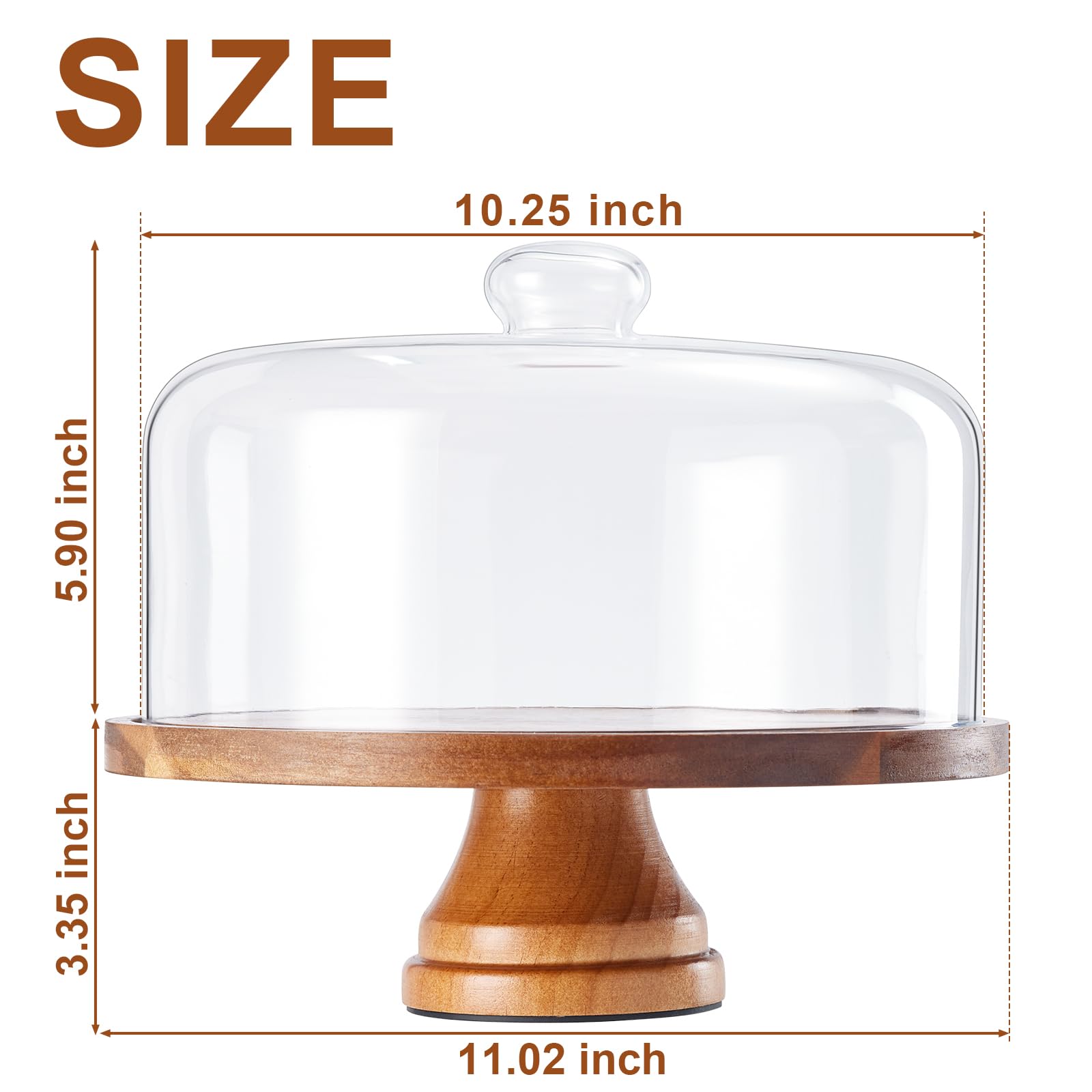 Yangbaga Cake Stand with Lid: 11in Rotating Wooden Cake Holder w/Glass Dome