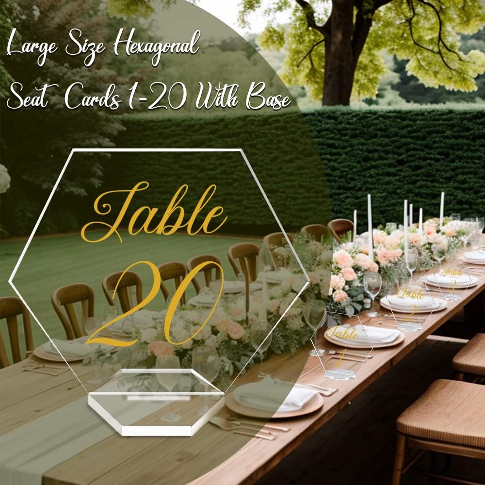 OurWarm Large Acrylic Wedding Table Numbers 1-20, Gold Printed Calligraphy Place Cards with Stand, Hexagon Multi-functional Clear Acrylic Sign and Holder, Ideal for Wedding Reception Events
