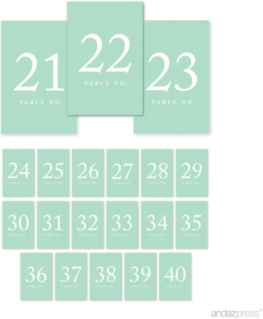 Andaz Press Mint Green Wedding Table Numbers 21-40, 4x6-Inches Table Number Cards For Wedding Reception Table Number For Seating Chart For Wedding Reception, Restaurant, Classroom, Boda