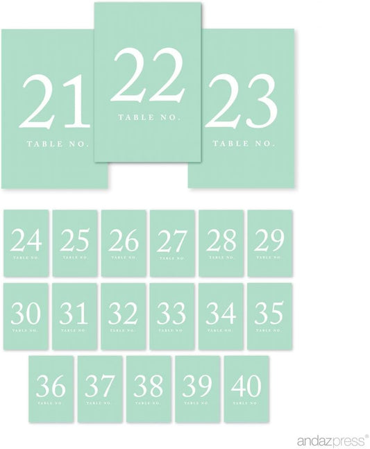 Andaz Press Mint Green Wedding Table Numbers 21-40, 4x6-Inches Table Number Cards For Wedding Reception Table Number For Seating Chart For Wedding Reception, Restaurant, Classroom, Boda