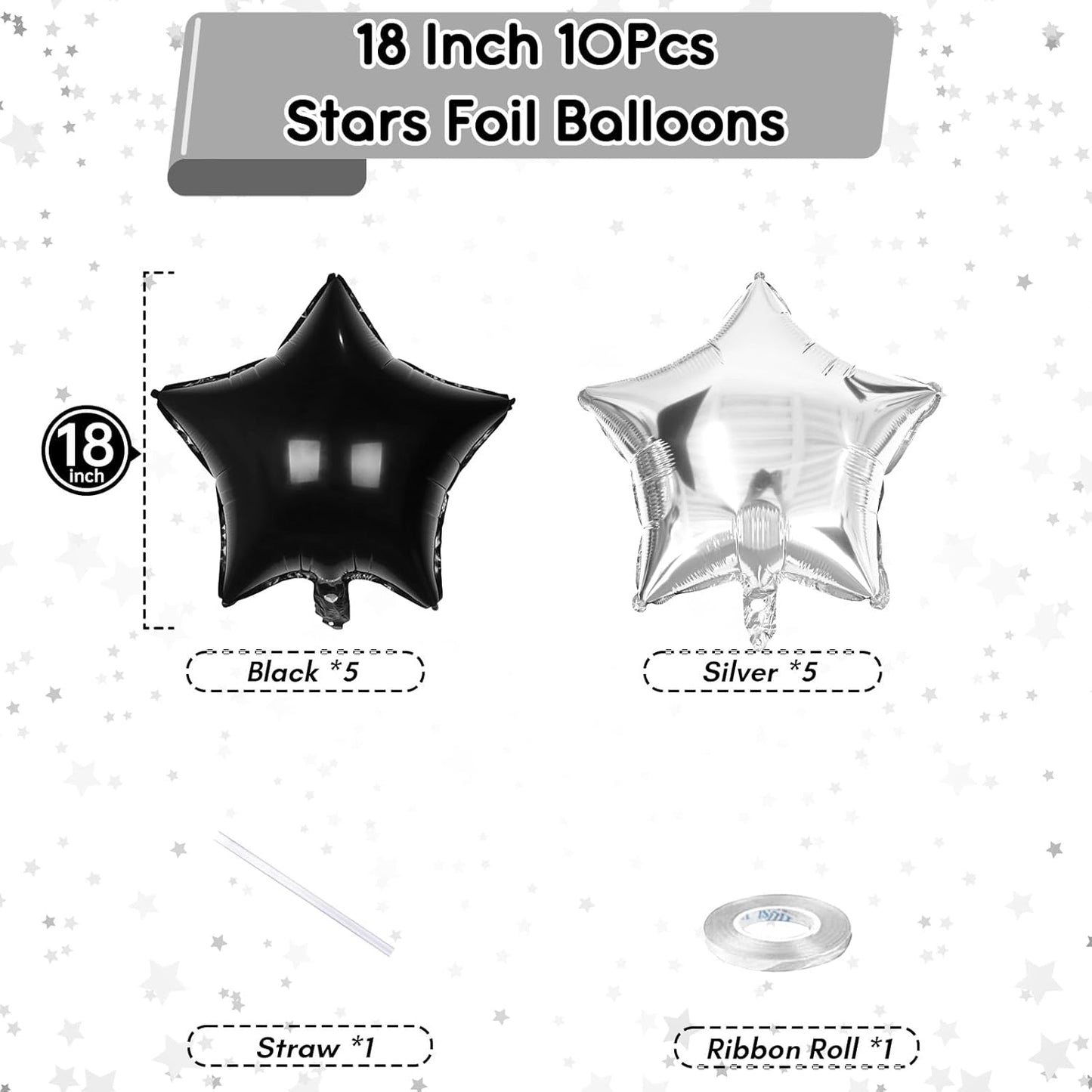 Black Silver Star Foil Balloons, 18 Inch Large Black and Metallic Silver Stars Shape Aluminum Foil Helium Balloon 10 Pcs Pentagram Balloons Party Decor for Birthday Graduation Retirement New Year