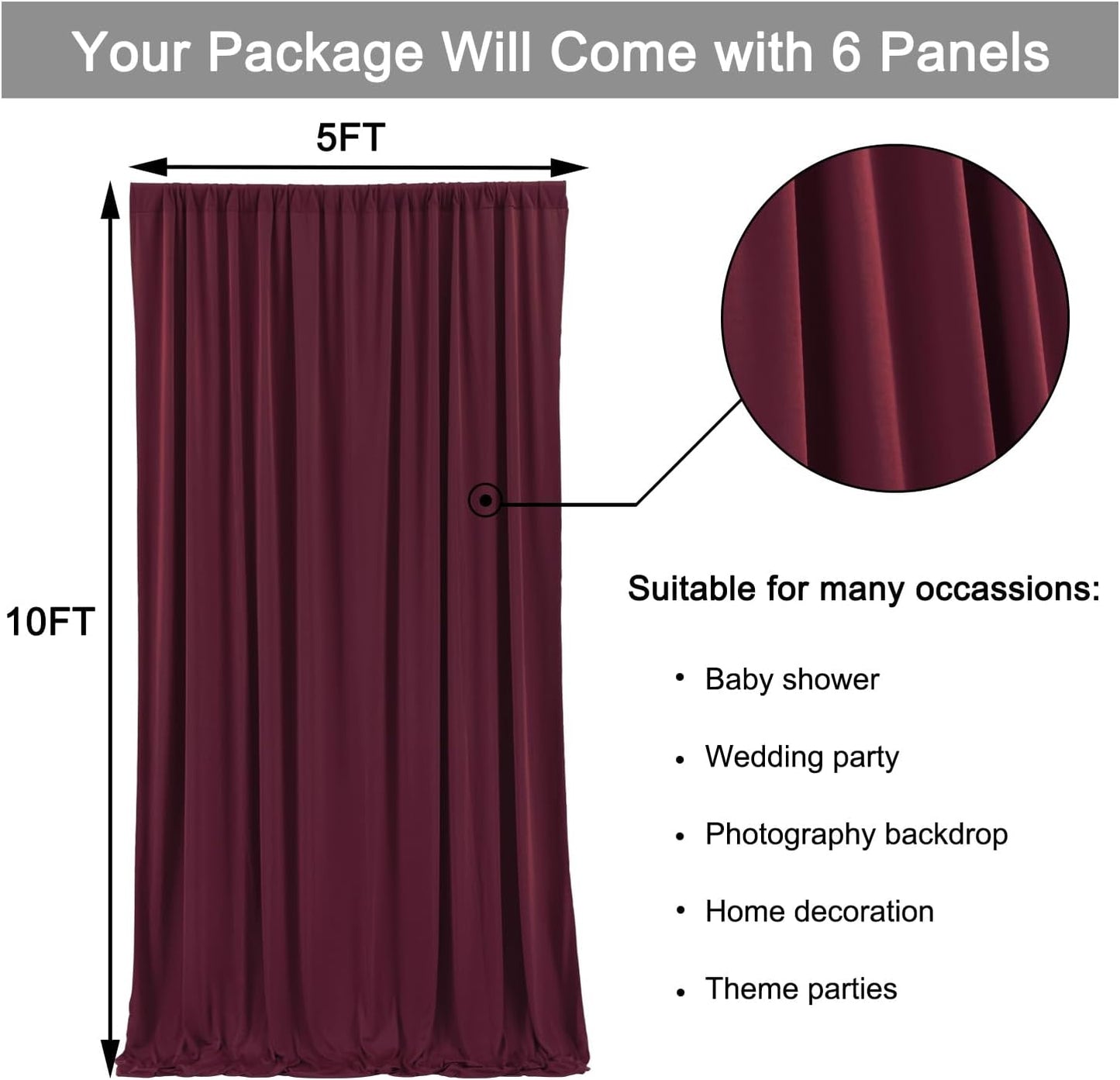 30 ft x 10 ft Wrinkle Free Maroon Backdrop Curtain for Parties, Polyester Burgundy Photo Backdrop Drapes 6 Panels 5x10ft for Baby Shower Wedding Birthday Party Engagement Ceremony Decoration