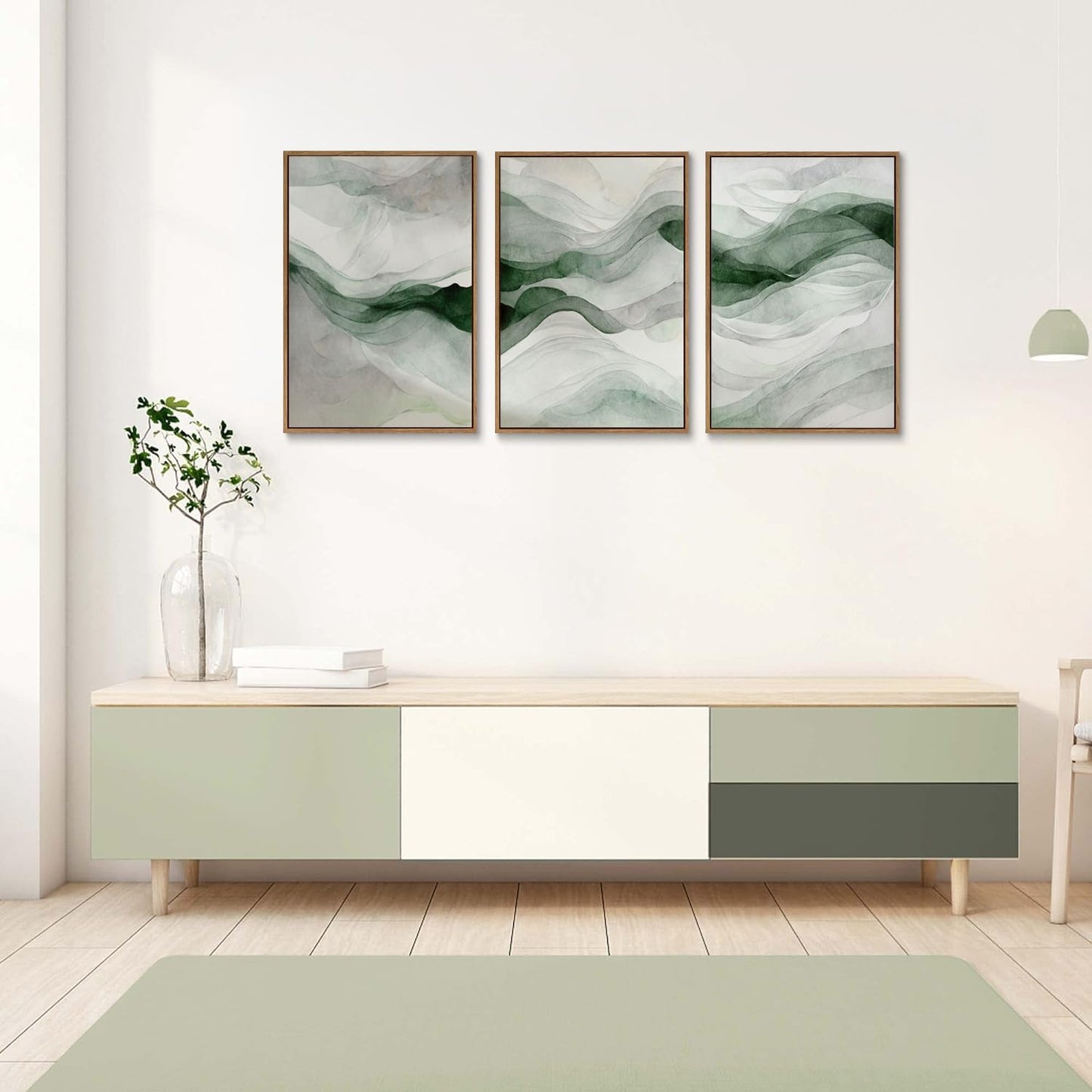 myusuar 3 Piece Large Abstract Framed Wall Art For Living Room, Smoke Texture Ink Teal Soft Green Canvas Wall Art Modern Minimalist Art Prints Wall Décor For Bedroom Office 12x16in