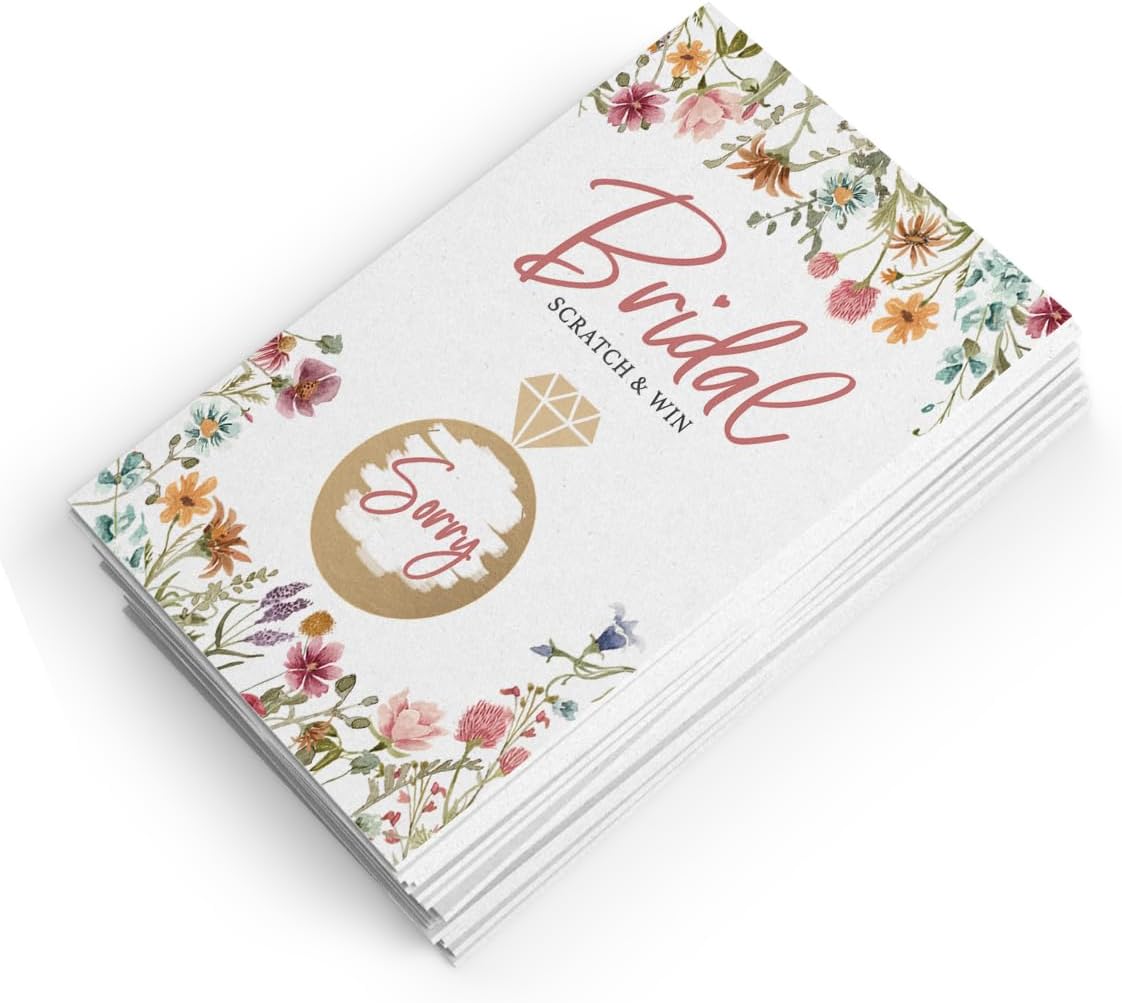 Printed Party Bridal Shower Games – Scratch Off Raffle Cards, Fun Wedding Shower Game, Love In Bloom Wildflower Design, 30 Cards & Stickers