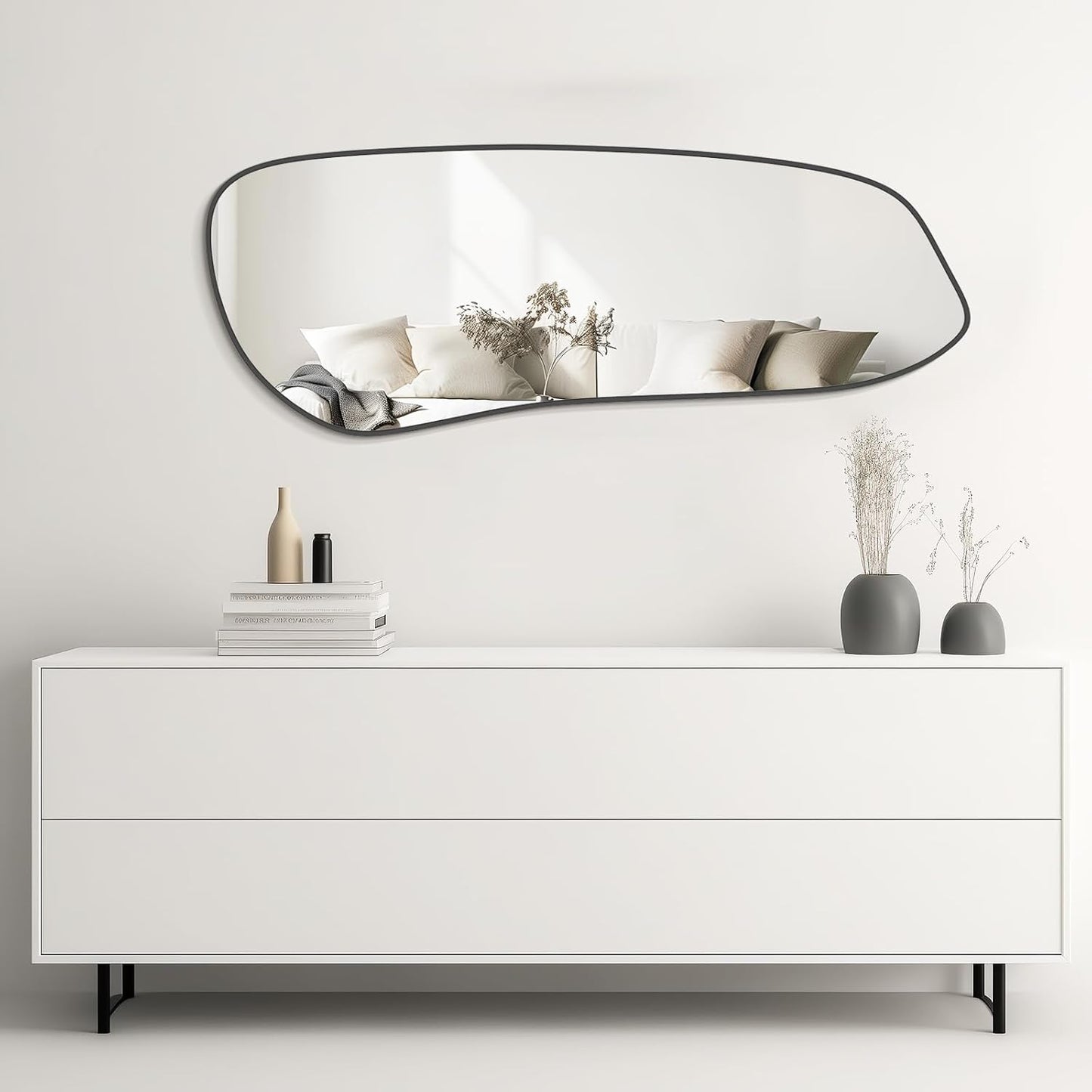 WallBeyond Irregular Wall Mirror, Asymmetrical Mirror Wall Mounted with Black Framed for Living Room, Bathroom, Bedroom, Entryway Wall Decor, 46"×18", Black