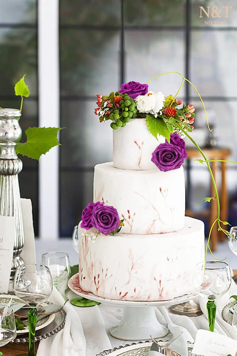 N&T NIETING Artificial Flowers Glowing Purple Flowers Foam 50pcs Glitter Roses Real Looking Fake Roses with Stem for DIY Wedding Bouquets Centerpieces Bridal Shower Party Home Decorations