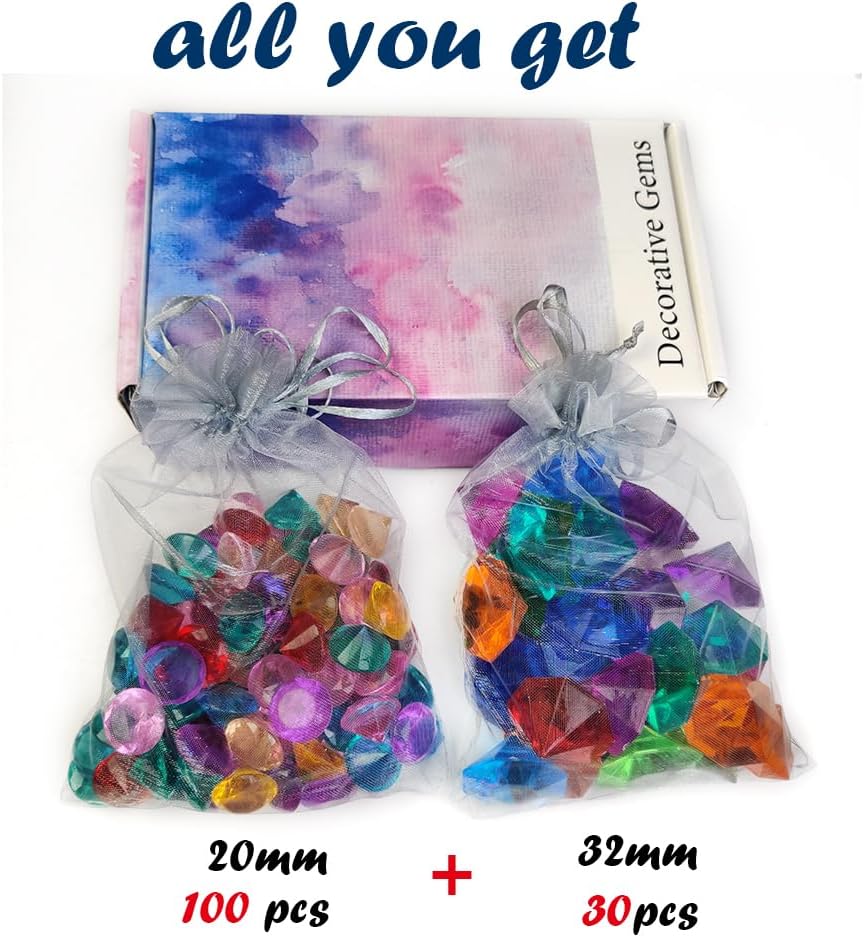 HappyFiller 130 PCS Acrylic Diamonds Fake Crystal Gems 2 Size Mixed for Swimming Pool Pirate Treasure Box Hunt Jewels,also Wedding Party Decor Table Scatters,Colored Vase Fillers