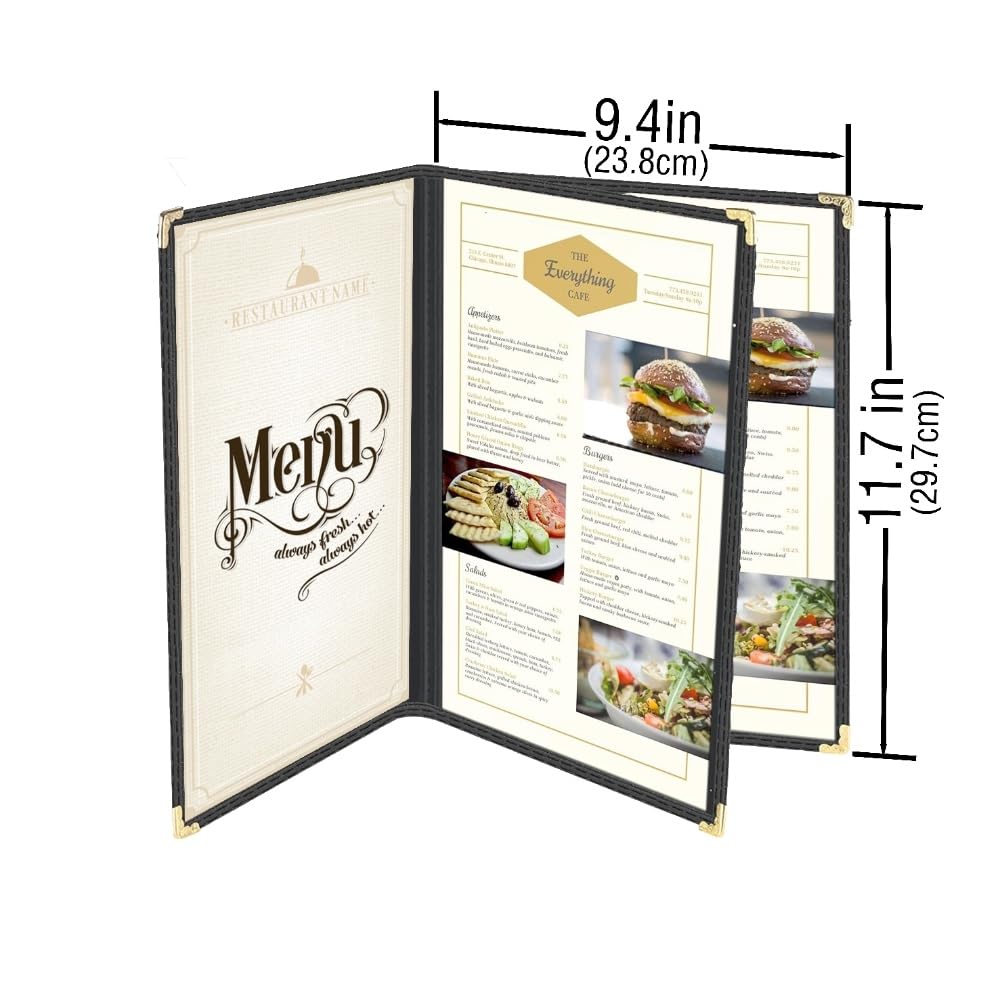 Goodsmart Restaurant Menu Covers - 25 Pack Black 8.5" x 11", 3-Page/6-View, Side-Loading Vinyl Menu Holders, Clear Sleeves, Double-Stitched Edge, Leather-Style Café Covers with Gold Corners