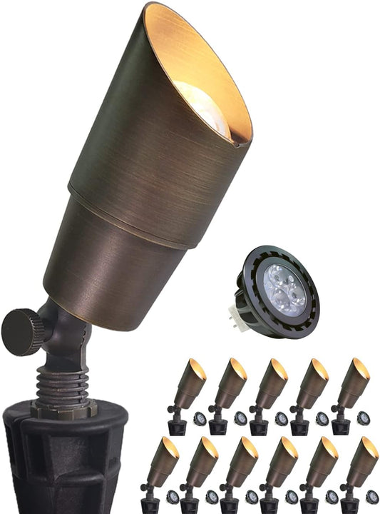 MALORY Brass Landscape Spotlight 12-Pack with Bulb(S01), Low Voltage 12V AC/DC LED Outdoor Landscape Lighting,PVC Ground Stake and Wire Connector Included, Garden Patio Trees Spot Uplight