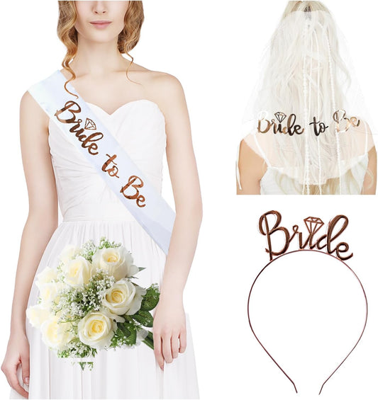 3 Pack Bride to Be Decorations Set, Bride to Be Sash,White Bride Veil, Bride Headband Tiara for Bachelorette Party Bridal Shower Decoration(White with Rose Gold)