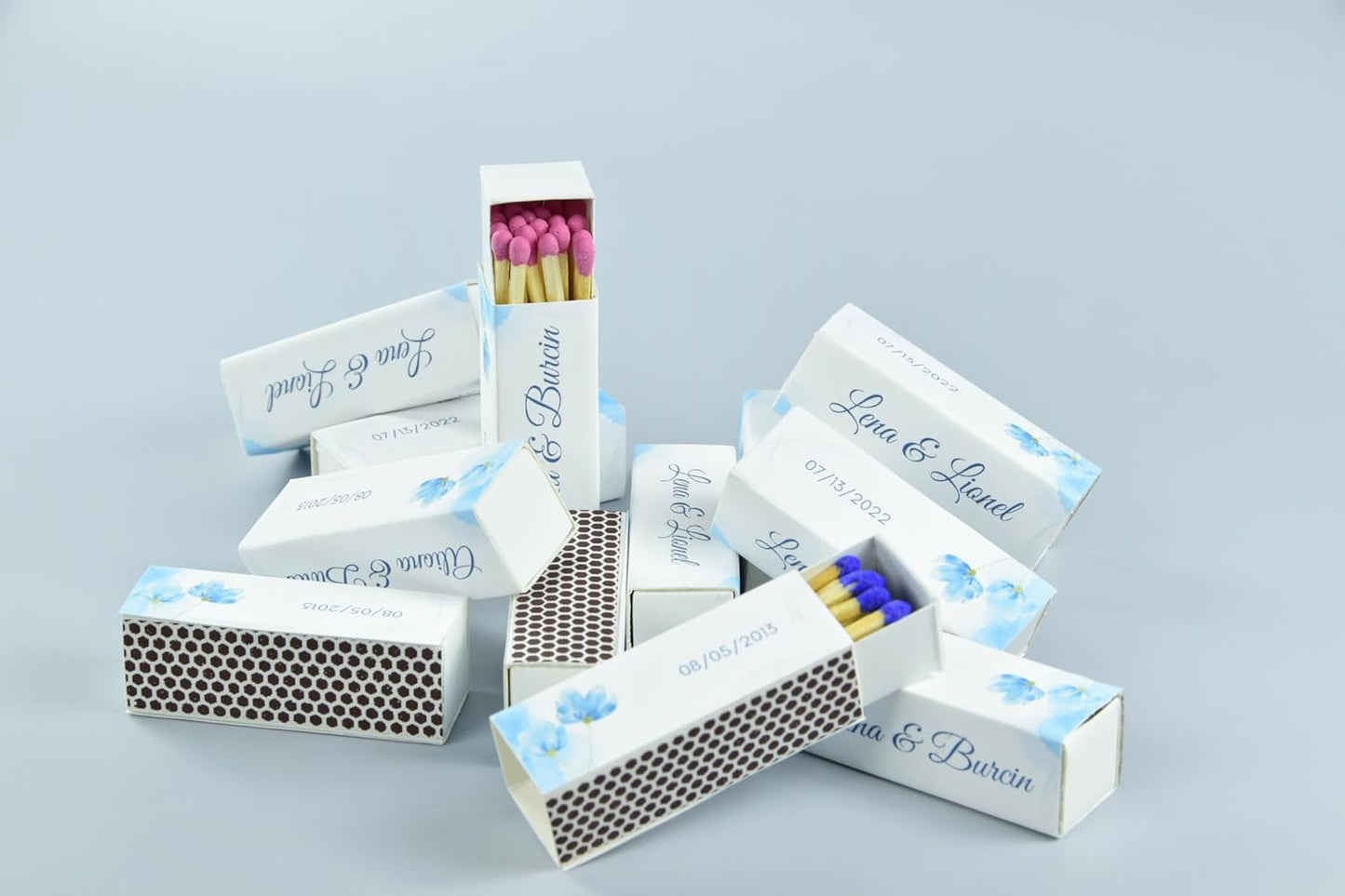 Custom Matchboxes - Set of 10 - Personalized - 2" Inch Long - Colorful Matchsticks - Weddings – Wedding Favor - Matchboxes, Custom Matchbox (2" Matchsticks, Wedding Design #3)