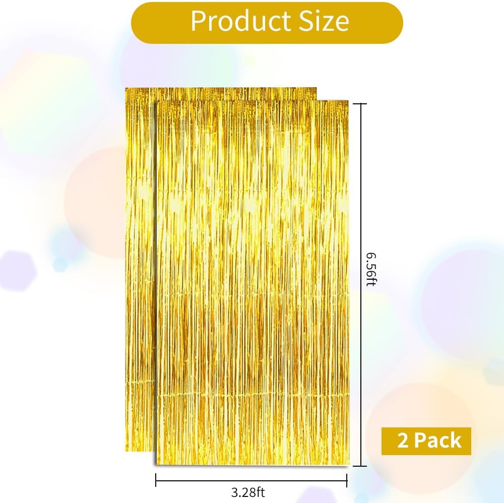 BEISHIDA 2 Pcs Gold Door Streamers Tinsel Curtain Party Streamers Backdrop Fringe Foil Wall Background for Birthday Halloween Christmas Wedding Party Decoration(3.28 ft x 6.56 ft)