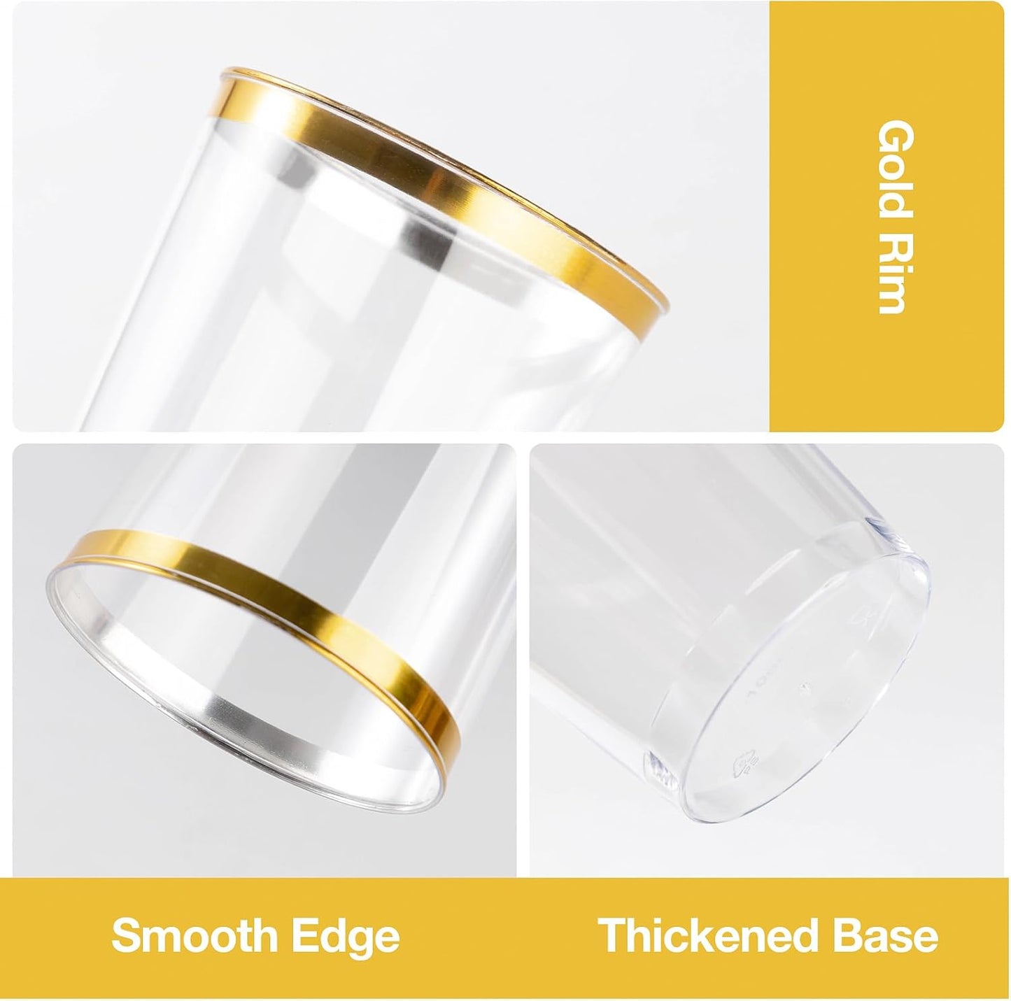 Goodluck 100PCS 10oz Gold Plastic Cups for Party, Disposable Gold Rim Cups, Plastic Cocktail Glasses for Wedding Thanksgiving, Christmas, and Parties