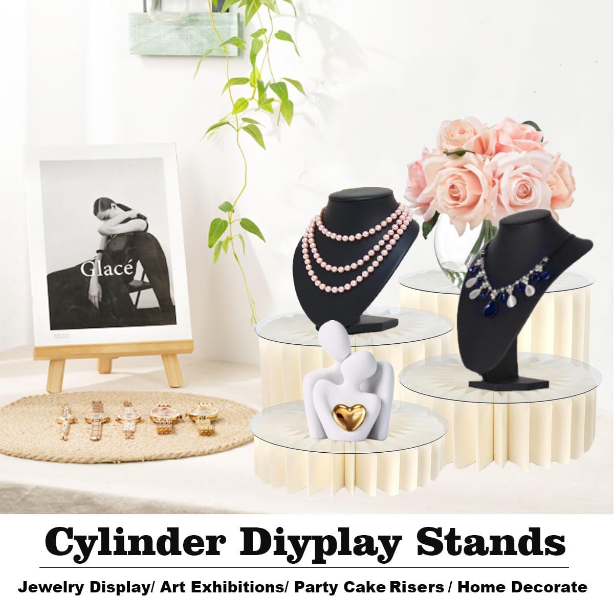 Albassa 4 PCS Buffet Risers Food Risers for Buffet Table Foldable Cardboard Food Display Stands with PVC Plates for Party Wedding Show Catering Desserts Jewelry (White, 4 PCS)