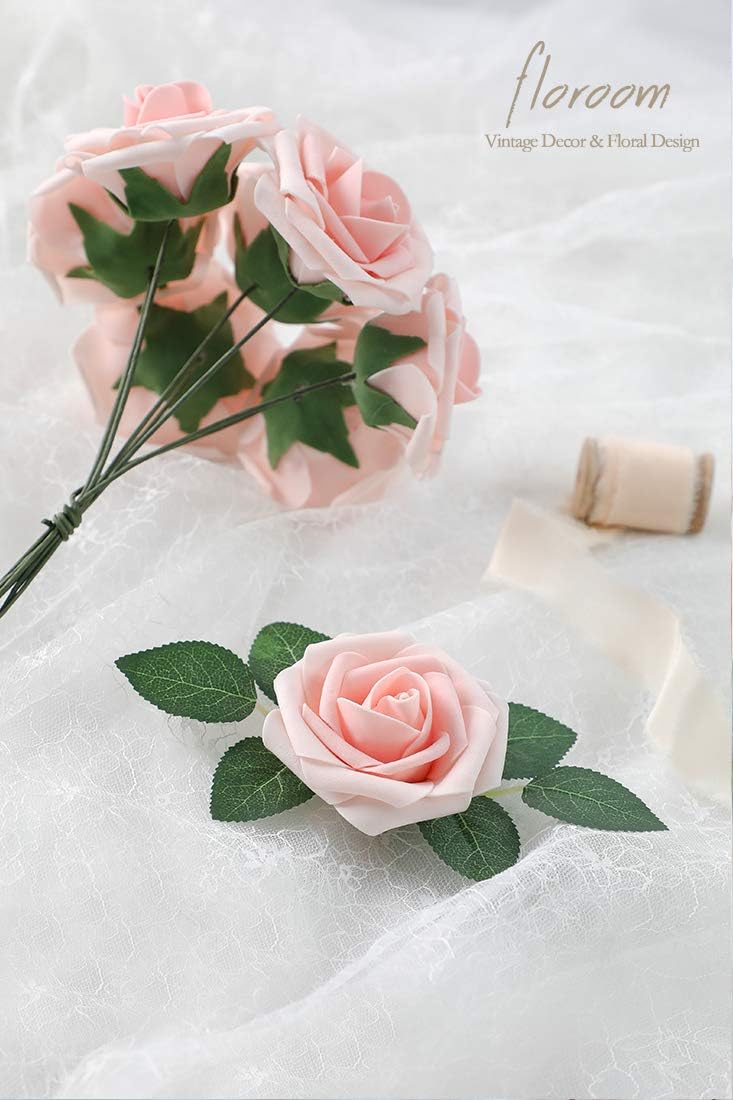 Floroom Artificial Flowers 50pcs Real Looking Blush Heirloom Foam Fake Roses with Stems for DIY Wedding Bouquets Pink Baby Shower Centerpieces Floral Arrangements Party Tables Home Decorations