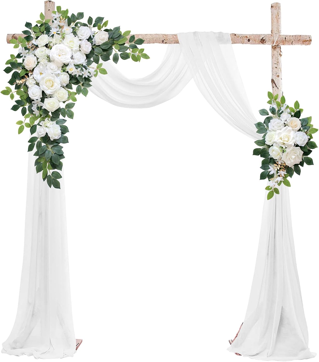 Wedding Arch Flowers Kit,Artificial Flower Arch Decor (Set of 3),2pcs Artificial Flower Arrangement with 1pc Sheer Drape for Wedding Decor Reception Backdrop Floral Decorations (Ivory White)