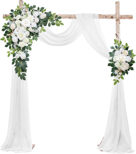 Wedding Arch Flowers Kit,Artificial Flower Arch Decor (Set of 3),2pcs Artificial Flower Arrangement with 1pc Sheer Drape for Wedding Decor Reception Backdrop Floral Decorations (Ivory White)